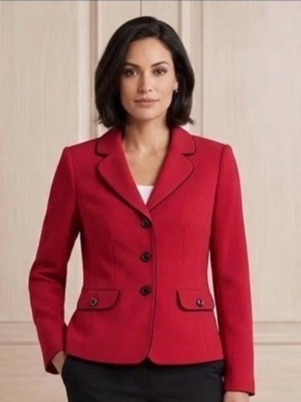 VTG Jones New York Suit Separates Red Blazer Black Trim Size 10 Classic Fit